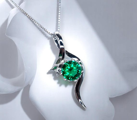 2 CT Round Emerald Necklace Sterling Silver Bow Swirl Infinity Green Emerald Pendant  Green Gemstone Jewelry May Birthstone #509