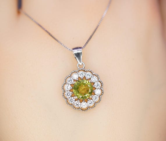 Genuine Peridot Necklace - Sterling Silver Green Peridot Flower Necklace Diamond 18k white gold 1079