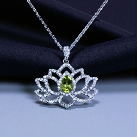 Genuine Peridot Necklace Lotus Flower Style Water Lily Pendant 18KGP @ Sterling Silver Birthstone Jewelry Green Gemstone Pendant #1127