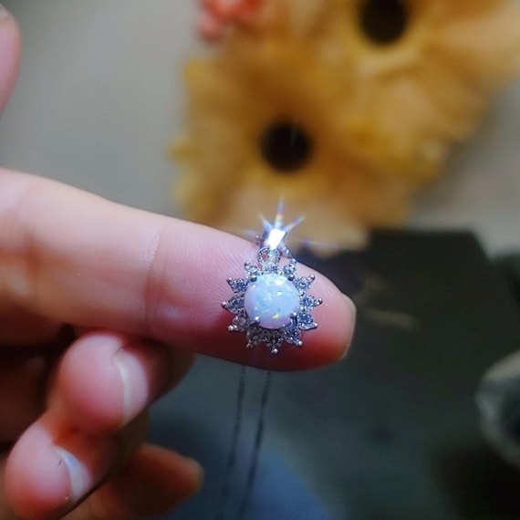 Opal Necklace - Princess Diana Necklace -  Solitaire White Fire Opal Full Sterling Silver #001