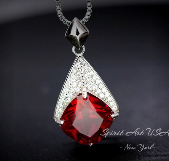 Ruby Necklace - Rhombic Style  - 18KGP Full Sterling Silver Gemstone Cushion Cut  Large Red Ruby Pendant -  Ruby - July Birthstone #682