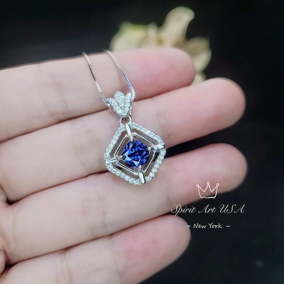 Gemstone Flower Square Tanzanite Necklace White Gold Coated 925 Sterling Silver Tiny  Lab Created Tanzanite Pendant - Overlap Square #339