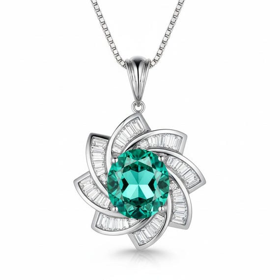Green Paraiba Tourmaline Necklace 18kGP Sterling Silver Diamond Milky Way Necklace - Spiral Galaxy Energy Vortexes Windmill Pendant 3CT #881