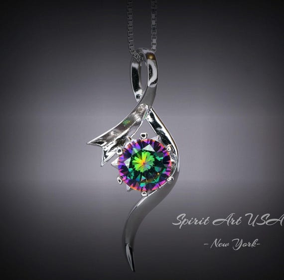 Sterling Silver Bow Mystic Topaz Necklace, White Gold coated 2 CT Rainbow Mystic Pendant, Swirl Infinity  Bridal Rainbow Gemstone #939