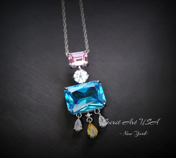 Geometric Scissor Blue Topaz Necklace - Sterling Silver Tassel Dangle  Blue Topaz Pendant  - White Gold coated #909