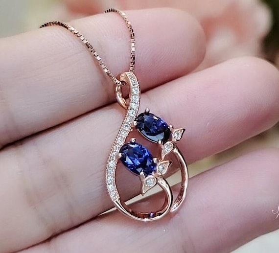 Rose Gold Leaf Tanzanite Necklace - Sterling Silver Leaf Double Stone December Birthstone Tiny Deliciated  Tanzanite Pendant #393