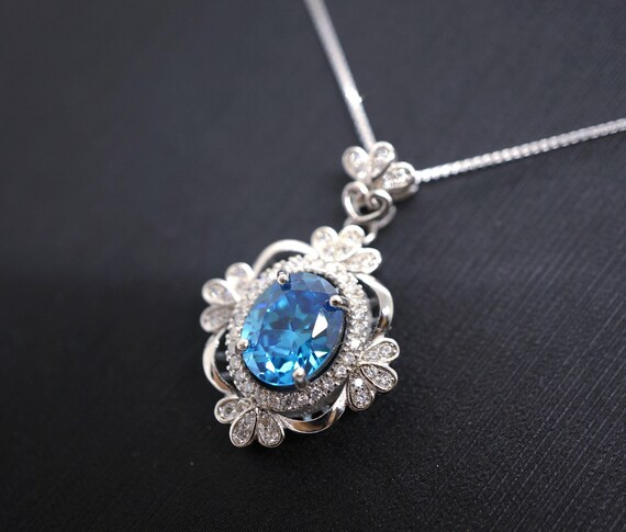 Large Blue Topaz Necklace - Sterling Silver Gemstone Victoria Flower Solitaire  Blue Topaz Pendant #627