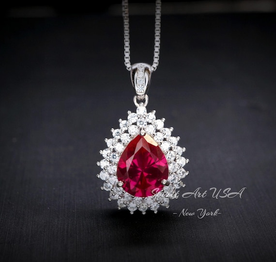 Double Halo Teardrop Ruby Necklace, 18KGP Sterling Silver, 2.75 CT Large Red Ruby Pendant,   Gemstone Pear Jewelry #586