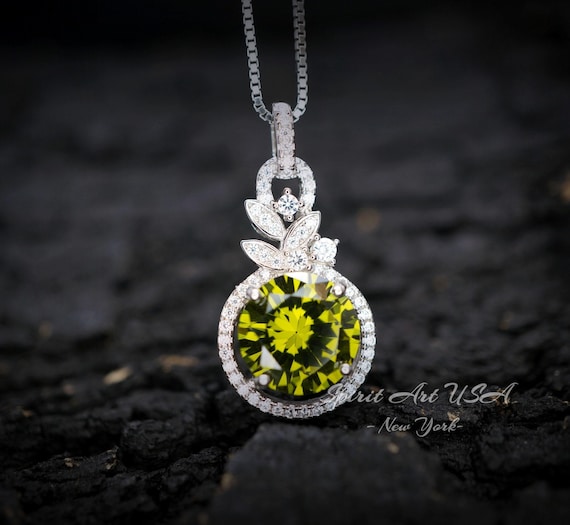 4 CT Green Peridot Necklace - 18KGP Sterling Silver - Gemstone Flower Petal - August Birthstone -  Unique Design Peridot Pendant #952