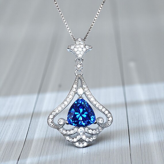 Mandolin flower Blue Sapphire Necklace - 1.2 ct Trillion Cut Blue Sapphire Pendant -  White Gold coated Sterling Silver Gemstone Design #675