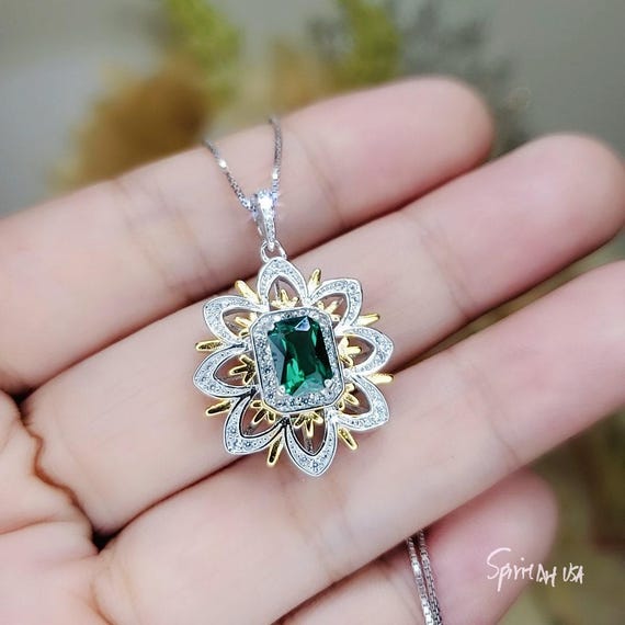 Green Emerald Necklace - Gemstone Water Lily Flower Pendant - 18KGP @ Sterling Silver -  1 CT Emerald Jewelry - Goddess Athena Necklace #651