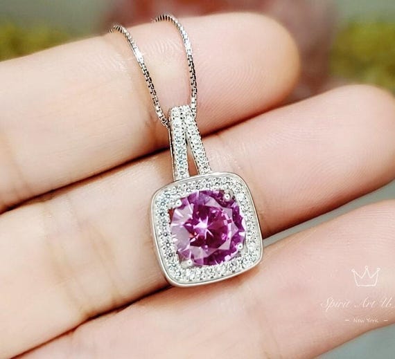Sterling Silver Pink Tourmaline Necklace - 18KGP @ Sterling Silver - Square Pink Tourmaline Pendant #144