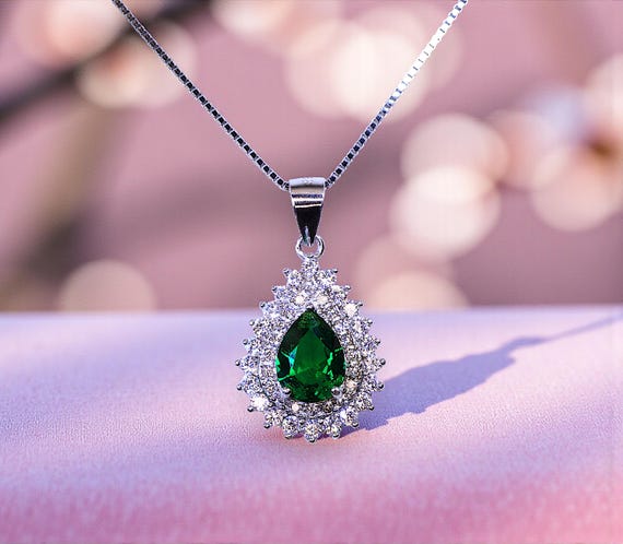 Double Halo Teardrop Emerald Necklace - 18kgp @ Sterling Silver - 1.2 CT Pear Cut Dainty Emerald Pendant #367