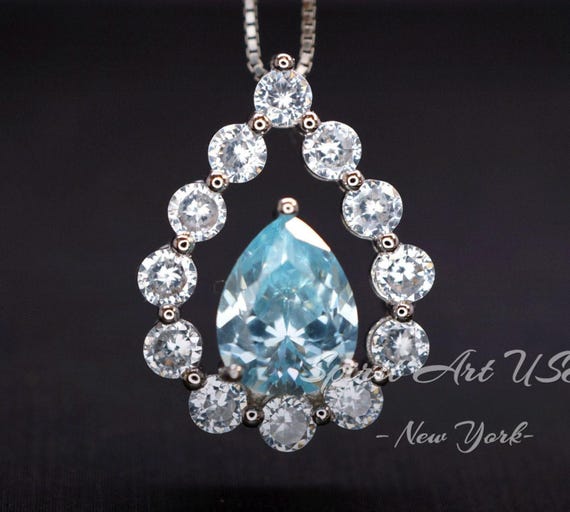 Aquamarine Necklace, Sterling Silver Blue Aquamarine Pendant Gemstone Halo Teardrop Blue Aquamarine Jewelry -  March Birthstone - 18kgp #47
