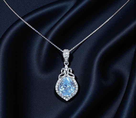 Aquamarine Necklace - 18KGP @ Sterling Silver Blue Aquamarine Pendant -  Mini Teardrop Blue Gemstone March Birthstone #297
