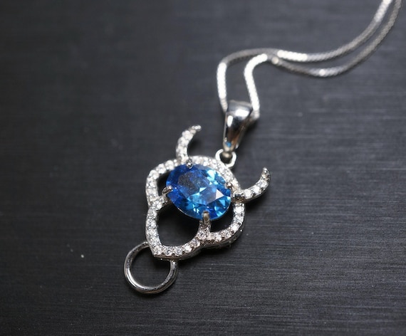 Blue Topaz Necklace - Sterling Silver Bull Ox Pendant  - Blue Topaz Jewelry - 18kgp Buffalo Necklace #136