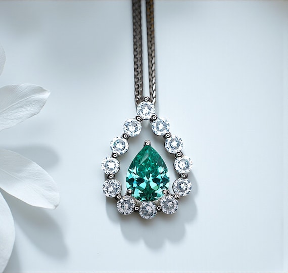 Green Paraiba Necklace - 18KGP @ Sterling Silver - 2.5 CT - Gemstone Halo Teardrop Green Paraiba Tourmaline Necklace #969