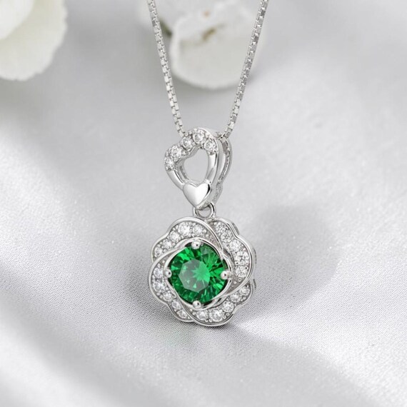 Green Diopside Emerald Necklace Rose Flower Style - 18kgp Sterling Silver - Dainty Round Cut Gemstone Halo Diopside Pendant #398