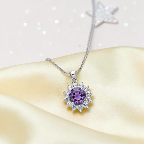 Genuine Amethyst Necklace - Tiny Princess Diana Style  6MM Natural Amethyst Yoga Zen Simple Solitaire February birthstone Jewelry 1108