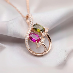 Dainty Ruby Peridot Necklace, Rose gold coated Sterling Silver Green Peridot Pendant,  Flower Red Ruby Peridot birthstone #1000