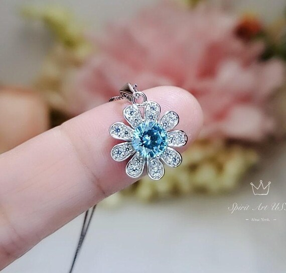 Aquamarine Necklace Sterling Silver Sunflower Pendant Sim Gemstone 1 Ct Blue Gemstone Pendant White Gold  March Birthstone Tiny Floral 054