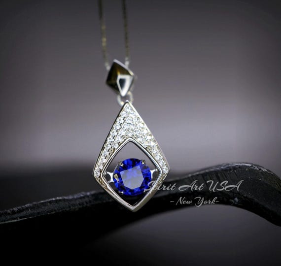 Dynamic Swing Blue Tanzanite Necklace - Round Cut 0.85 Ct - Full Sterling Silver 18KGP -  Lab created Energic Tanzanite Pendant #183