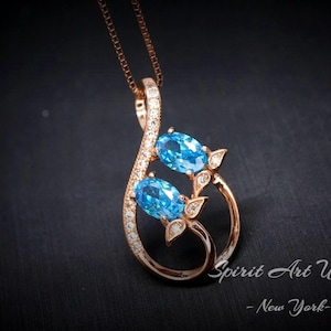 Rose Gold Sterling Silver Blue Topaz Necklace - Gemstone Leaf Flower   Tiny Topaz pendant #332