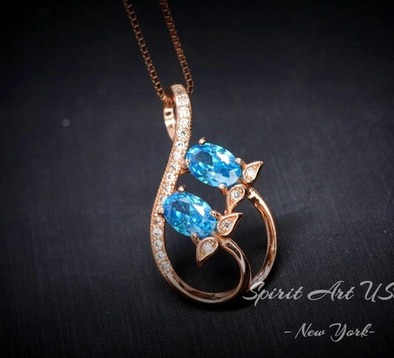 Rose Gold Sterling Silver Blue Topaz Necklace - Gemstone Leaf Flower   Tiny Topaz pendant #332