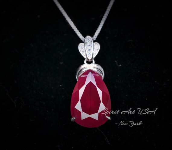 5.5 CT Teardrop Red Ruby Necklace， Diamond Crown Flower Red Ruby Pendant， Sterling Silver  White Gold Plated July Birthstone 1029