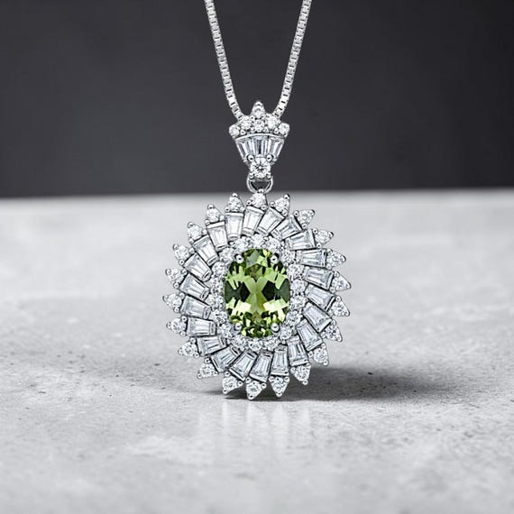 Natural Peridot Necklace - 18KGP Sterling Silver - 1.5 Ct Triple Gemstone Halo - Genuine Green Peridot Pendant #842