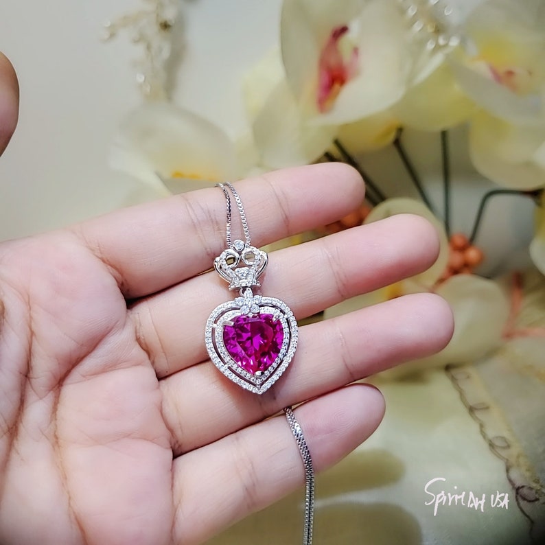 full 925 Sterling Silver Large Red Heart Royal Crown July Birthstone Ruby Pendant Fuchsia Red Ruby Heart Necklace