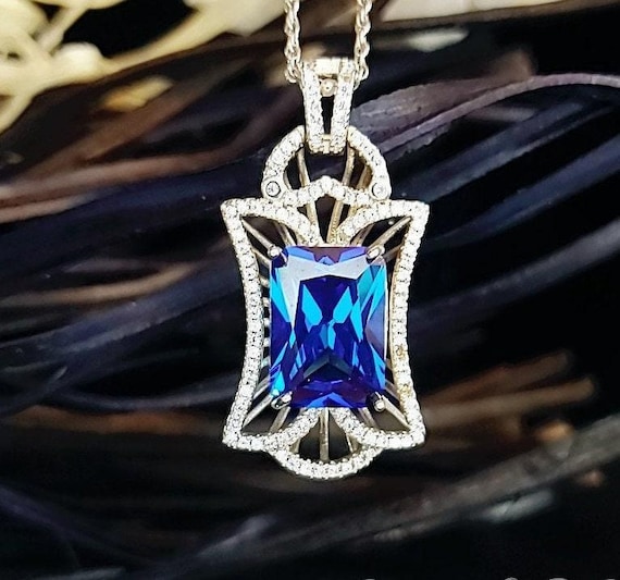Large Blue Sapphire Necklace - Full Sterling Silver Diamond Royal Flower Pendant -10 Ct Rectangle Lab Created  Blue Sapphire  Geometric #845