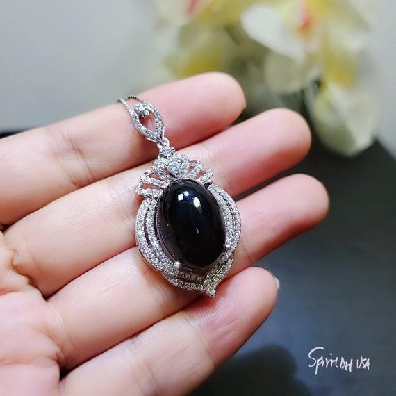 Large Black Onyx Sterling Silver Necklace 14 ct Oval Black Gemstone Gemstone Pendant 18k White Gold Plated  Royal Crown #863