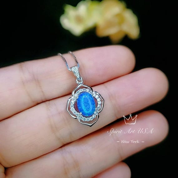 blue opal Necklace - Gemstone Flower of life  - White Gold coated Sterling Silver Blue Opal Pendant #114