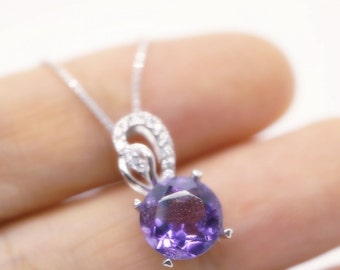 Genuine Amethyst Necklace - Sterling Silver  - 8 mm 2 CT Round Solitaire - Natural Amethyst Pendant #263