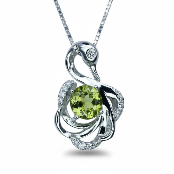 Genuine Peridot Sterling Silver Swan Necklace - Natural Green Peridot Pendant - 18KGP - August Birthstone #971