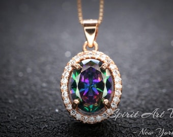 Rainbow Mystic Topaz Necklace - Rose gold coated  Sterling Silver -  Oval Cut Mystic Topaz Pendant 052