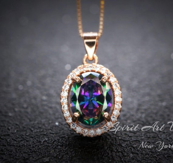 Rainbow Mystic Topaz Necklace - Rose gold coated  Sterling Silver -  Oval Cut Mystic Topaz Pendant 052