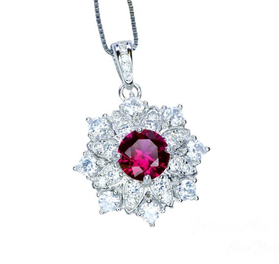 Luxury Ruby Necklace -   white sapphire - Delicate Ruby Pendant - 18k @ Sterling Silver - Diamond Snow Flower Pendant gypsophila Flower #972