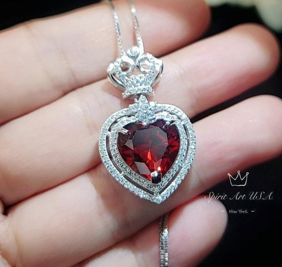 Large Red Garnet Heart Necklace Double Gemstone Heart Pendant White Gold Coated Sterling Silver  7 ct  Spessartite Garnet Pendant #910
