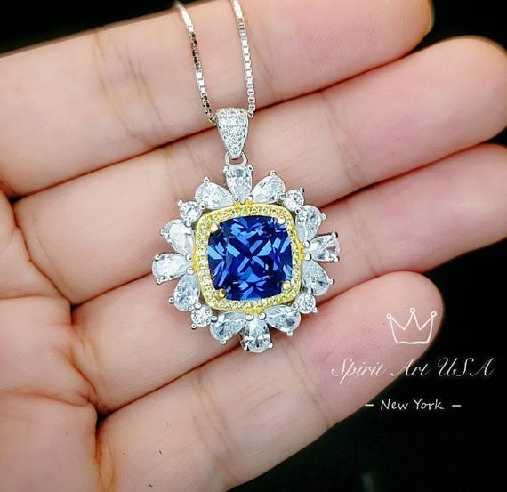 Large Square Sapphire Necklace -  Gemstone Halo Gold Square 7 CT 10 MM Blue Sapphire Pendant - Sterling Silver White Gold plated #875