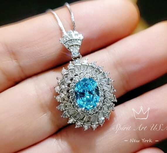 Aquamarine Necklace Double Gemstone Halo 1.5 CT Sky Blue Gemstone Pendant -  White Gold coated Sterling Silver Aquamarine Jewelry #777