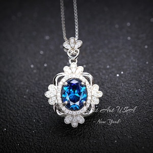 Blue Sapphire Necklace - Gemstone Flower White Gold Coated Sterling Silver 2.5 Ct  September Birthstone Royal Solitaire Artist Design #648