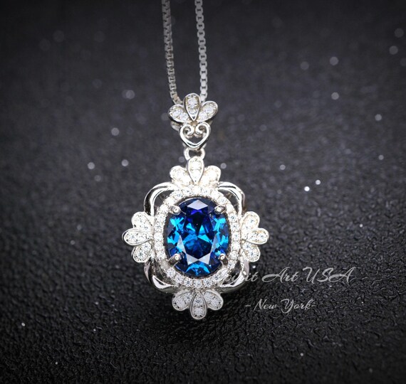 Blue Sapphire Necklace - Gemstone Flower White Gold Coated Sterling Silver 2.5 Ct  September Birthstone Royal Solitaire Artist Design #648