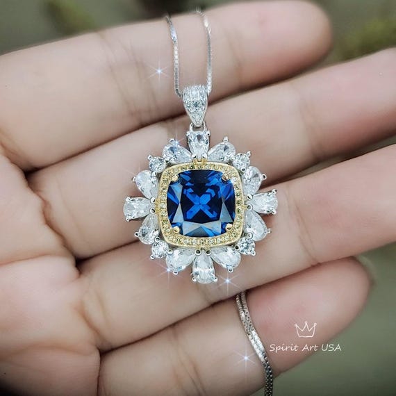 Square Blue Sapphire Necklace -  7 CT Sapphire Pendant - Gemstone Surround Gold Halo Sterling Silver -  Large 10 MM Blue Sapphire #806
