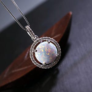 Opal Necklace - Large White Opal Gemstone Halo Circle Round 10mm 18KGP @ Sterling Silver Fire Opal #202