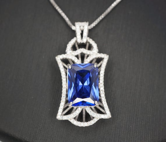 Royal Flower Tanzanite Necklace - Large Rectangle Tanzanite Jewelry - December Birthstone - Bridal Wedding  Lab Tanzanite Pendant #888
