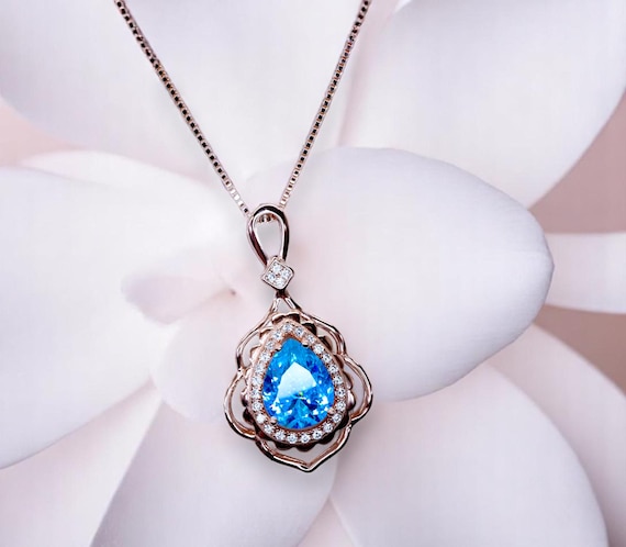 Teardrop Swiss Blue Topaz Necklace - Rose Gold coated Sterling Silver December Birthstone - 3 ct Blue Topaz Necklace #719