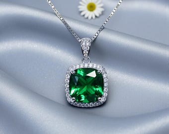 Large Emerald Necklace - Sterling Silver Square 10 mm lab created Green Emerald Pendant - May Birthstone 18KGP #958