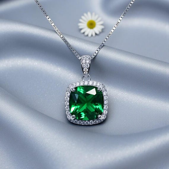 Large Emerald Necklace - Sterling Silver Square 10 mm lab created Green Emerald Pendant - May Birthstone 18KGP #958